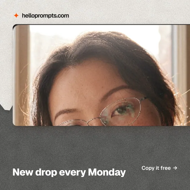 Instagram post for HelloPrompts: "New drop every Monday". Paper trio style, image led layout, light palette in grey, white, orange.