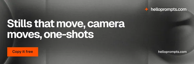 X header for HelloPrompts: "Stills that move, camera moves, one-shots". Swiss style, poster layout, dark palette in grey, black.