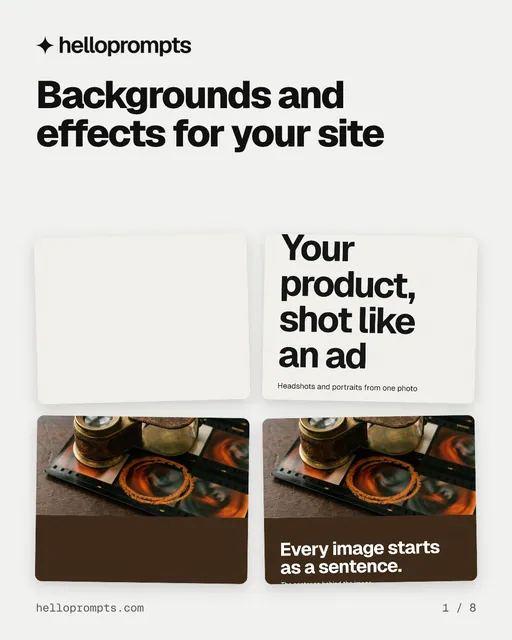 Carousel for HelloPrompts: "Backgrounds and effects for your site". Collection carousel, 8 slides, light palette.