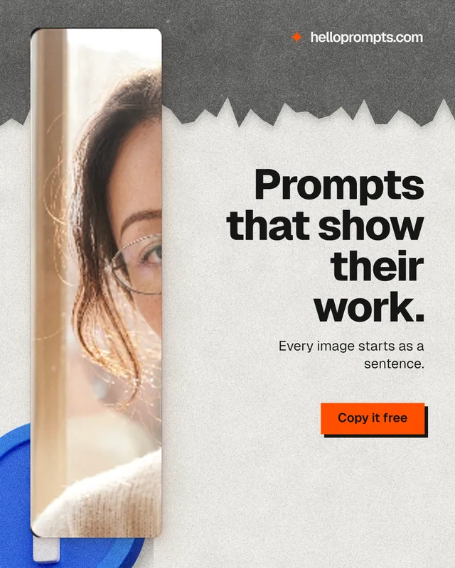 Instagram portrait post for HelloPrompts: "Prompts that show their work." Paper trio style, right layout, light palette in white, grey, orange.