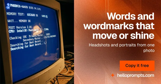 Social ad for HelloPrompts: "Words and wordmarks that move or shine". Swiss style, right layout, dark palette in blue, orange.