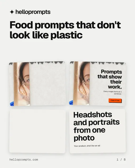 Carousel for HelloPrompts: "Food prompts that don't look like plastic". Collection carousel, 8 slides, light palette.