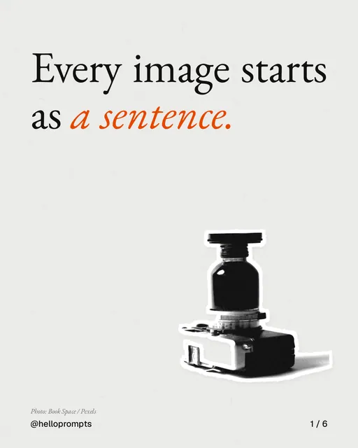 Carousel for HelloPrompts: "Every image starts as a sentence.". Cutout essay, 6 slides, light palette.