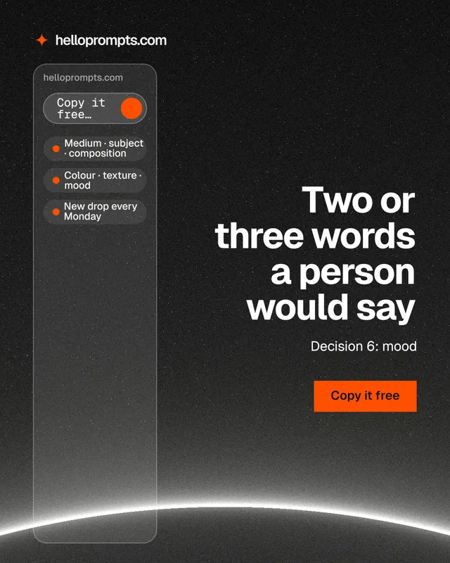 Instagram portrait post for HelloPrompts: "Two or three words a person would say". Swiss style, right layout, dark palette in black, grey.