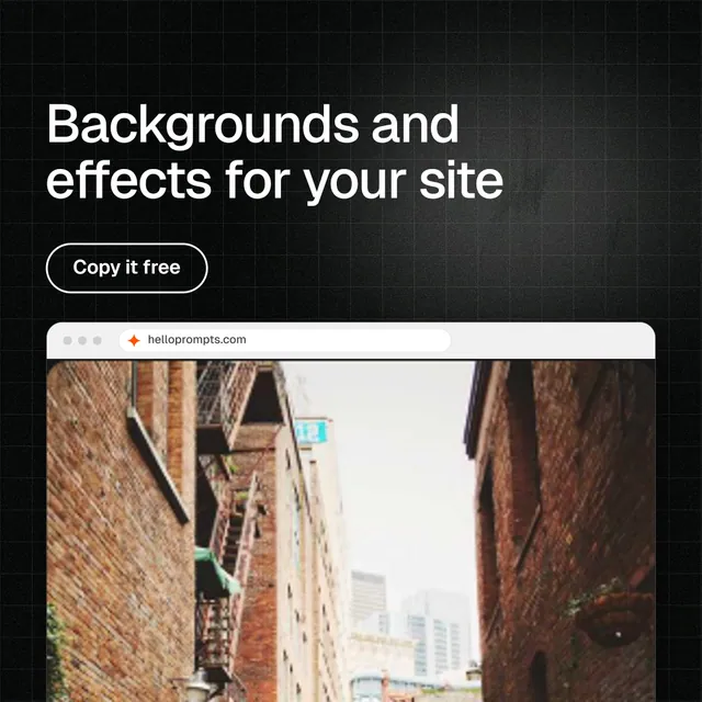 Instagram post for HelloPrompts: "Backgrounds and effects for your site". Phosphor atlas style, browser layout, dark palette in black, orange, white.