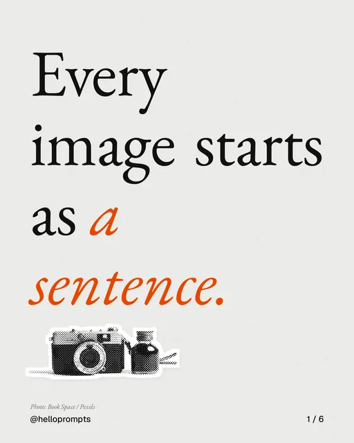 Carousel for HelloPrompts: "Every image starts as a sentence.". Cutout essay, 6 slides, light palette.
