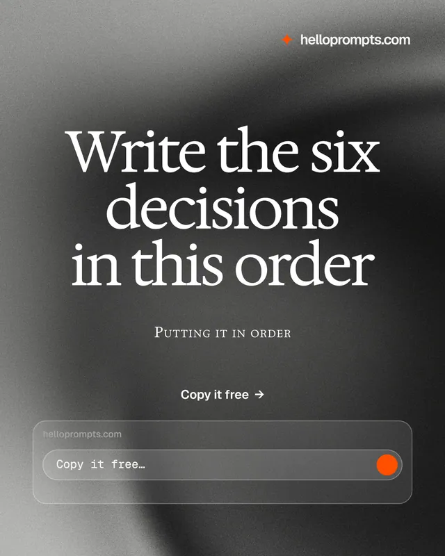 Instagram portrait post for HelloPrompts: "Write the six decisions in this order". Swiss style, smallcaps layout, dark palette in grey, black.