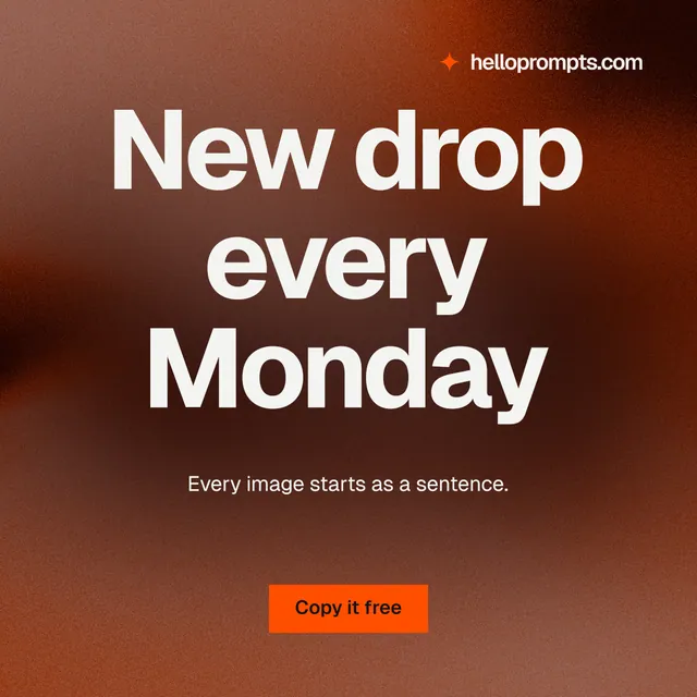 Instagram post for HelloPrompts: "New drop every Monday". Swiss style, centred layout, dark palette in red, orange, grey.