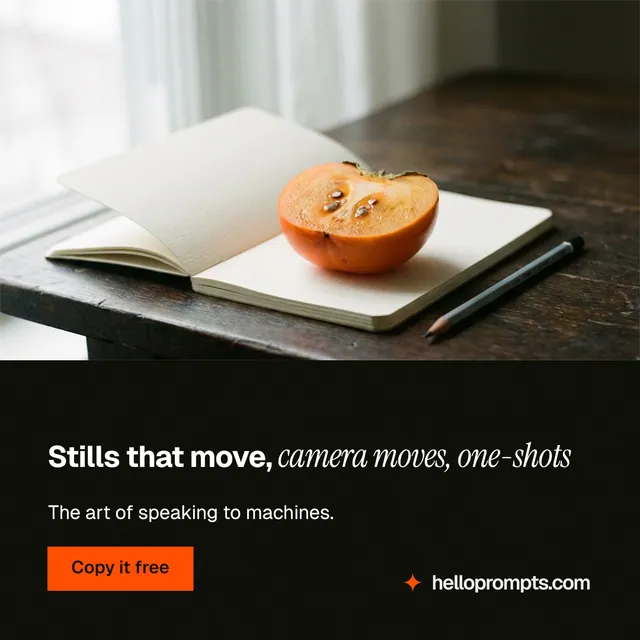 Instagram post for HelloPrompts: "Stills that move, camera moves, one-shots". Swiss style, bottom layout, dark palette in white, black, orange.