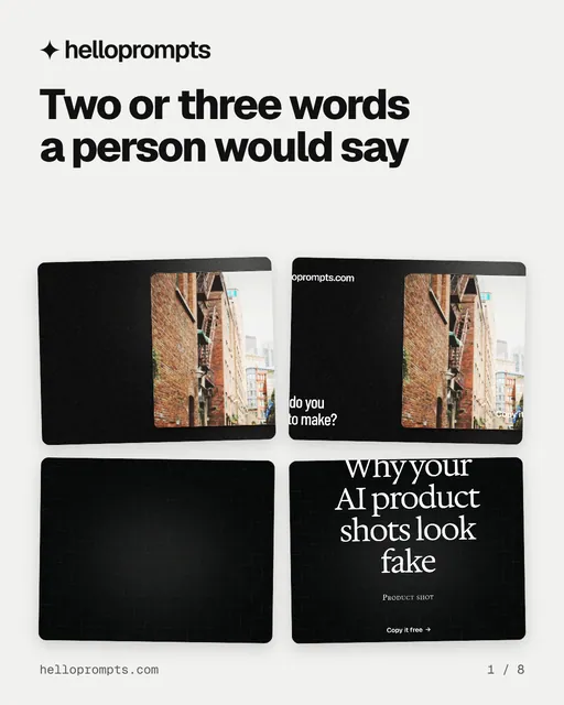 Carousel for HelloPrompts: "Two or three words a person would say". Collection carousel, 8 slides, light palette.