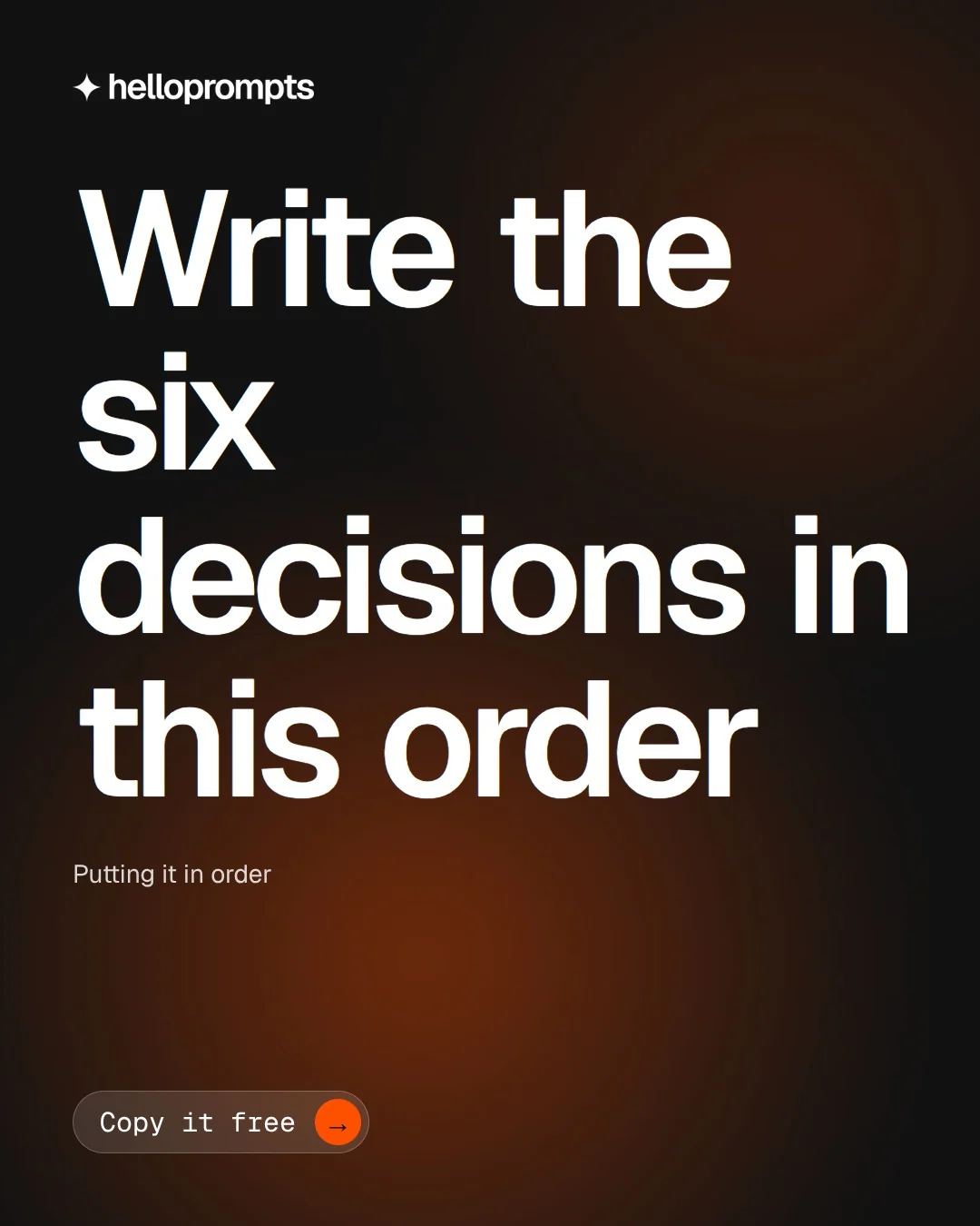 Video for HelloPrompts: "Write the six decisions in this order". Doc motion loop, 7.0 s, dark palette.