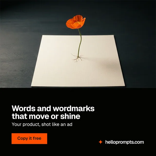 Instagram post for HelloPrompts: "Words and wordmarks that move or shine". Swiss style, bottom layout, dark palette in black, orange, grey.