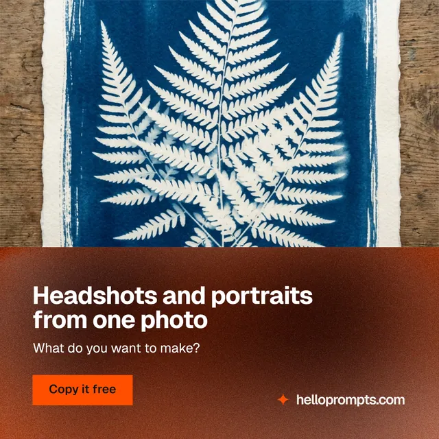 Instagram post for HelloPrompts: "Headshots and portraits from one photo". Swiss style, bottom layout, dark palette in red, grey, orange.