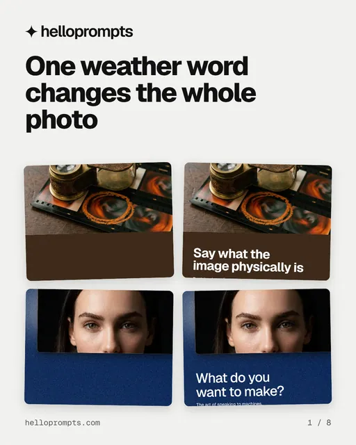 Carousel for HelloPrompts: "One weather word changes the whole photo". Collection carousel, 8 slides, light palette.