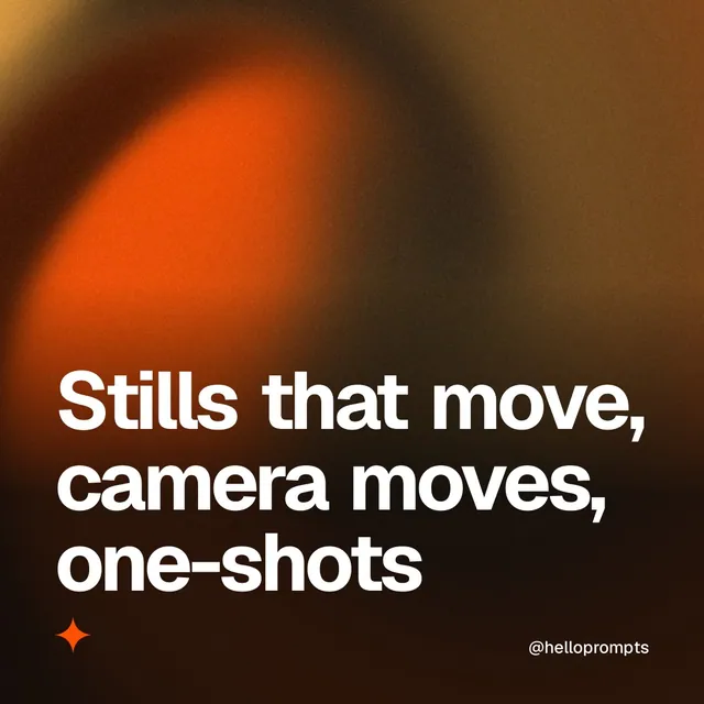 Video for HelloPrompts: "Stills that move, camera moves, one-shots". Shader loop, 6.0 s, dark palette.