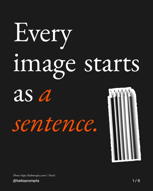 Carousel for HelloPrompts: "Every image starts as a sentence.". Cutout essay, 6 slides, dark palette.