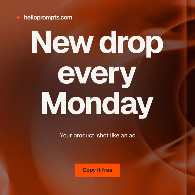 Instagram post for HelloPrompts: "New drop every Monday". Swiss style, centred layout, dark palette in red, orange, grey.