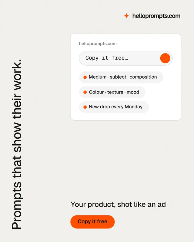 Instagram portrait post for HelloPrompts: "Prompts that show their work." Data card style, vertical layout, light palette in white, orange.