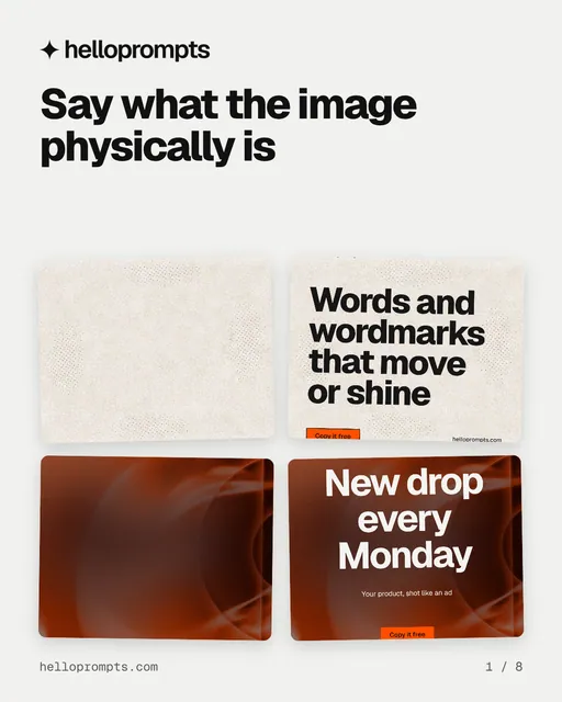Carousel for HelloPrompts: "Say what the image physically is". Collection carousel, 8 slides, light palette.