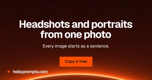 Social ad for HelloPrompts: "Headshots and portraits from one photo". Swiss style, centred layout, dark palette in black, red, orange.
