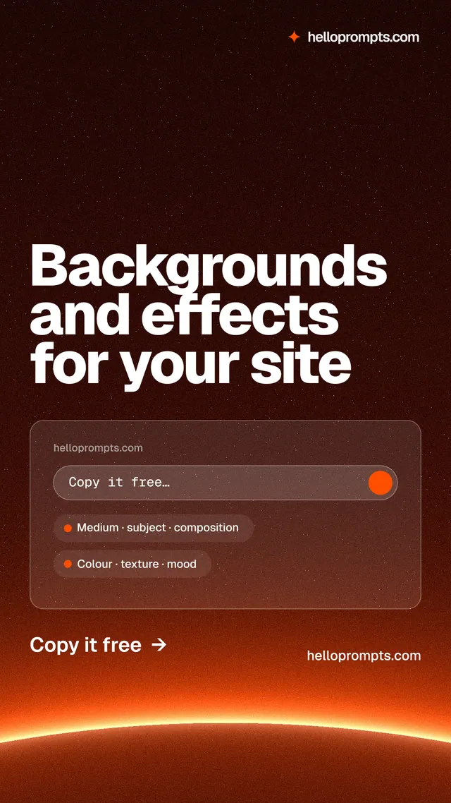 Instagram story for HelloPrompts: "Backgrounds and effects for your site". Turn card style, poster layout, dark palette in red, black, orange.