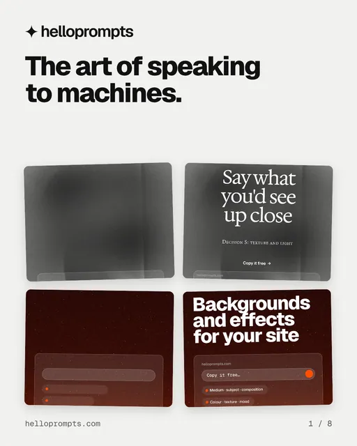 Carousel for HelloPrompts: "The art of speaking to machines.". Collection carousel, 8 slides, light palette.