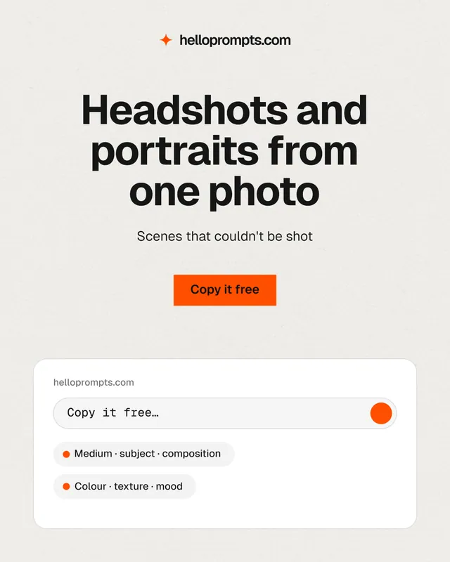 Instagram portrait post for HelloPrompts: "Headshots and portraits from one photo". Swiss style, centred layout, light palette in white, grey.