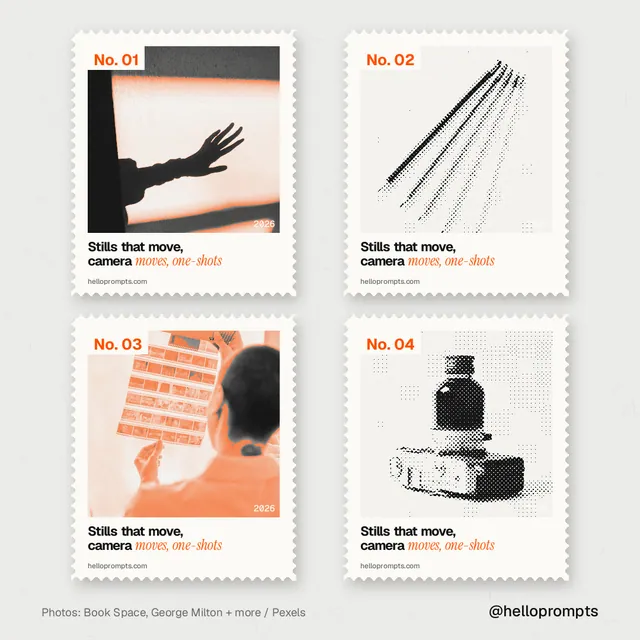 Instagram post for HelloPrompts: "Stills that move, camera moves, one-shots". Sheet style, technique:stamp series layout, light palette in white, grey.