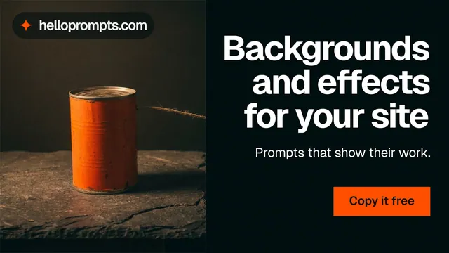 Landscape graphic for HelloPrompts: "Backgrounds and effects for your site". Swiss style, right layout, dark palette in black, orange.
