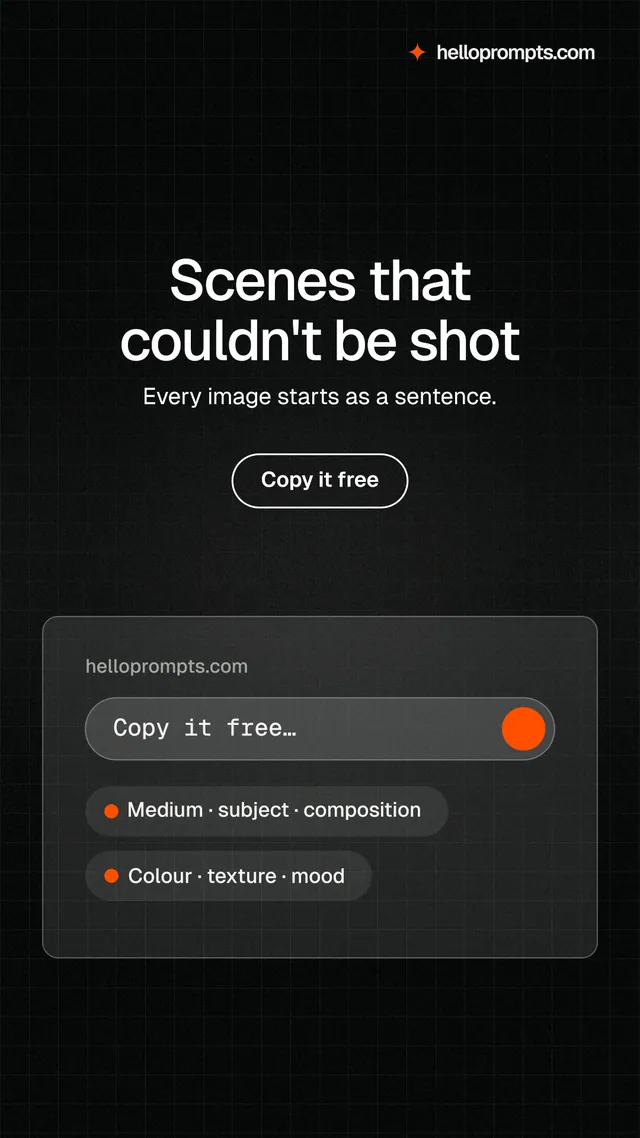 Instagram story for HelloPrompts: "Scenes that couldn't be shot". Phosphor atlas style, centred layout, dark palette in black.