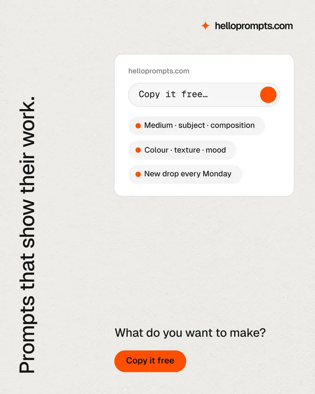 Instagram portrait post for HelloPrompts: "Prompts that show their work." Data card style, vertical layout, light palette in white, orange.