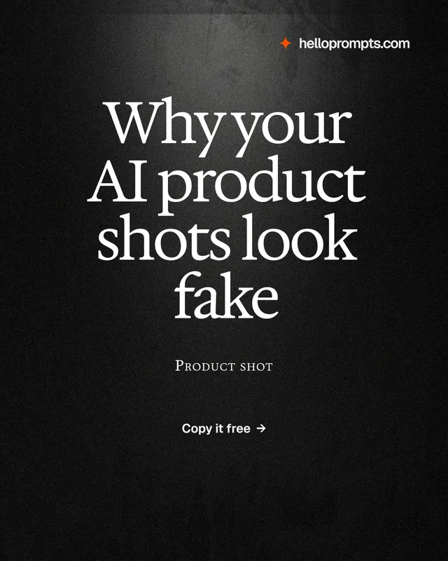 Instagram portrait post for HelloPrompts: "Why your AI product shots look fake". Dark deco style, smallcaps layout, dark palette in black, grey.