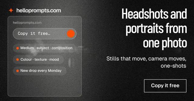 Social ad for HelloPrompts: "Headshots and portraits from one photo". Dark deco style, right layout, dark palette in grey, black.