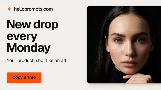 Landscape graphic for HelloPrompts: "New drop every Monday". Swiss style, bottom layout, light palette in white, black, orange.