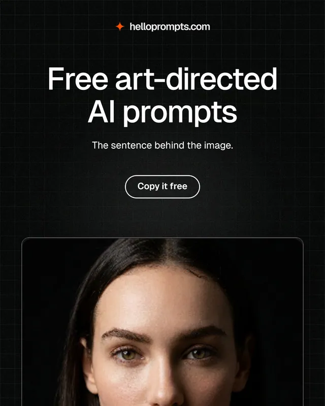 Instagram portrait post for HelloPrompts: "Free art-directed AI prompts". Phosphor atlas style, centred layout, dark palette in black, orange.