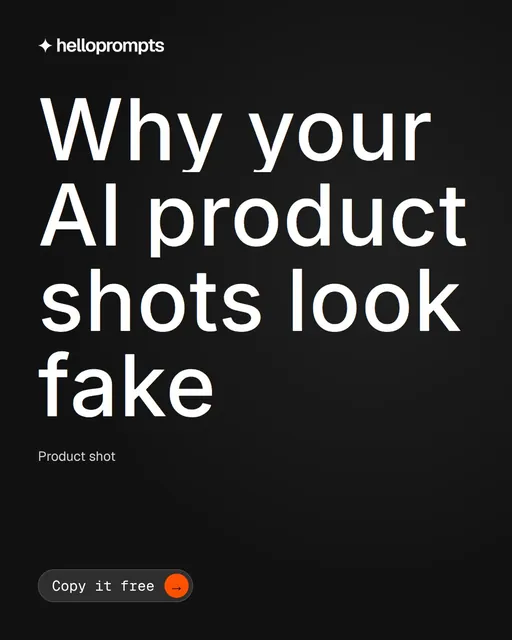 Video for HelloPrompts: "Why your AI product shots look fake". Doc motion loop, 8.0 s, dark palette.