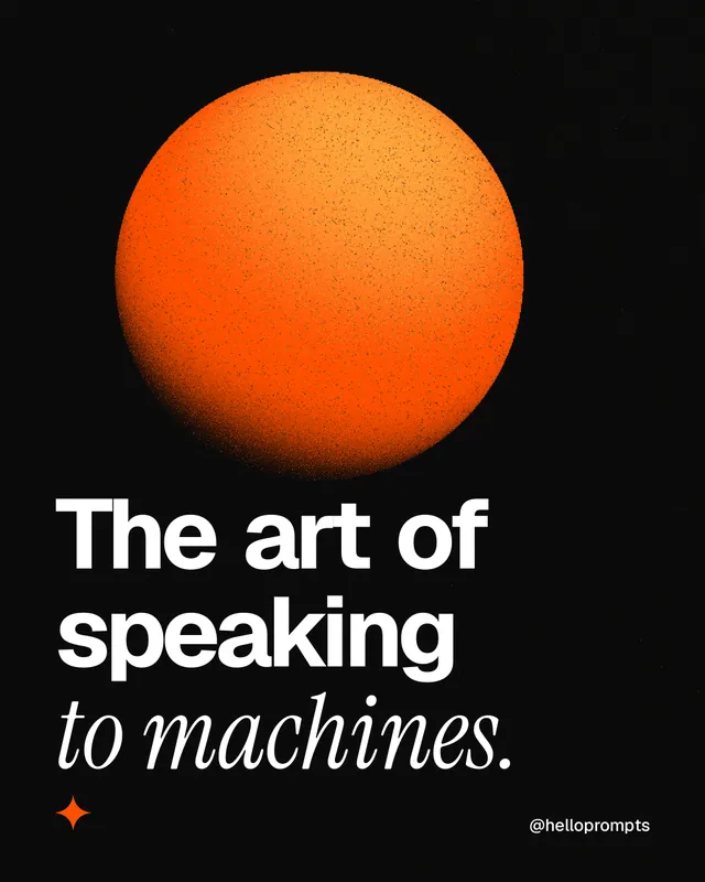 Instagram portrait post for HelloPrompts: "The art of speaking to machines." Auto 4x5 style, technique:shader field layout, dark palette in black, brown.