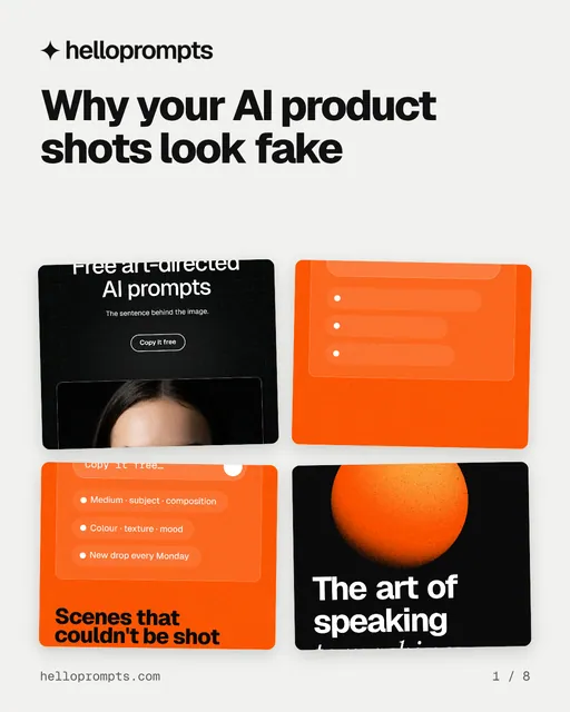 Carousel for HelloPrompts: "Why your AI product shots look fake". Collection carousel, 8 slides, light palette.