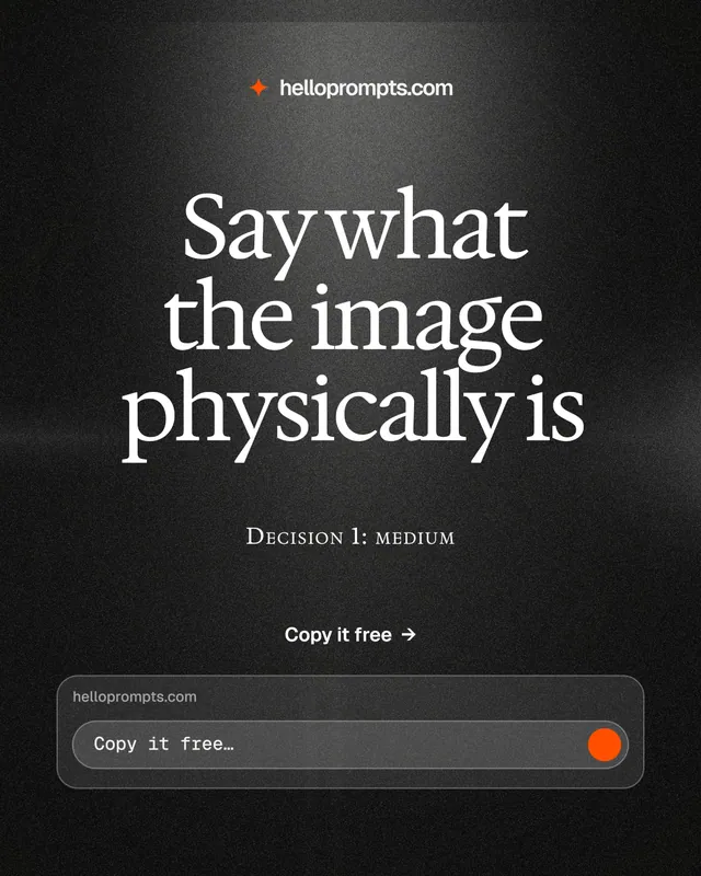 Instagram portrait post for HelloPrompts: "Say what the image physically is". Dark deco style, smallcaps layout, dark palette in black, grey.