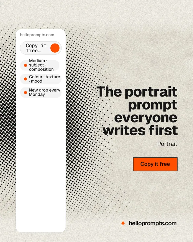 Instagram portrait post for HelloPrompts: "The portrait prompt everyone writes first". Ink sticker style, right layout, light palette in white, yellow, grey.