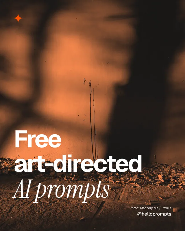 Instagram portrait post for HelloPrompts: "Free art-directed AI prompts". Duotone style, technique:pexels ingredient layout, dark palette in black, orange, brown.