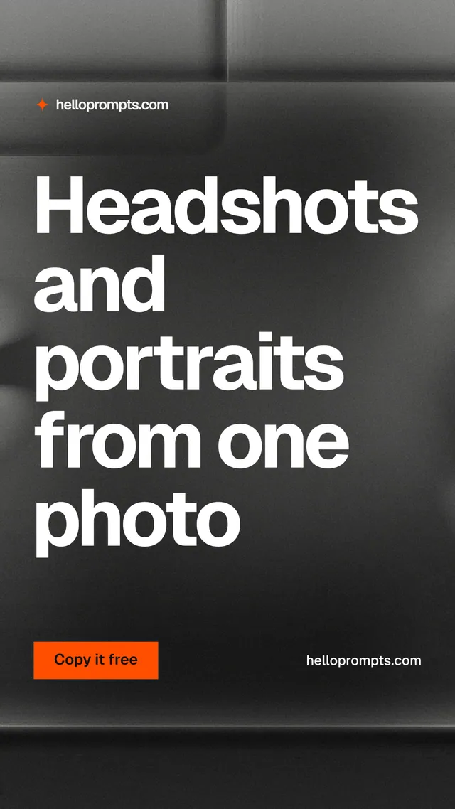 Instagram story for HelloPrompts: "Headshots and portraits from one photo". Swiss style, poster layout, dark palette in black, grey.