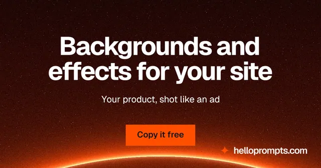 Social ad for HelloPrompts: "Backgrounds and effects for your site". Swiss style, centred layout, dark palette in black, red, orange.
