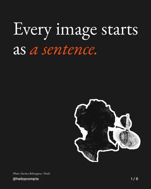 Carousel for HelloPrompts: "Every image starts as a sentence.". Cutout essay, 6 slides, dark palette.