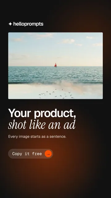 Video for HelloPrompts: "Your product, shot like an ad". Doc motion loop, 7.0 s, dark palette.