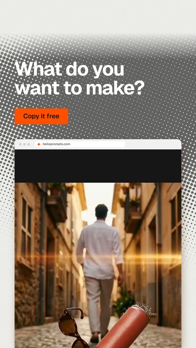 Instagram story for HelloPrompts: "What do you want to make?" Swiss style, browser layout, light palette in white, grey, orange.