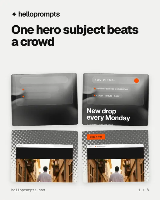 Carousel for HelloPrompts: "One hero subject beats a crowd". Collection carousel, 8 slides, light palette.