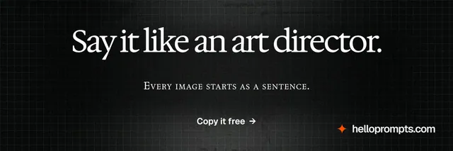 X header for HelloPrompts: "Say it like an art director." Phosphor atlas style, smallcaps layout, dark palette in black, grey.