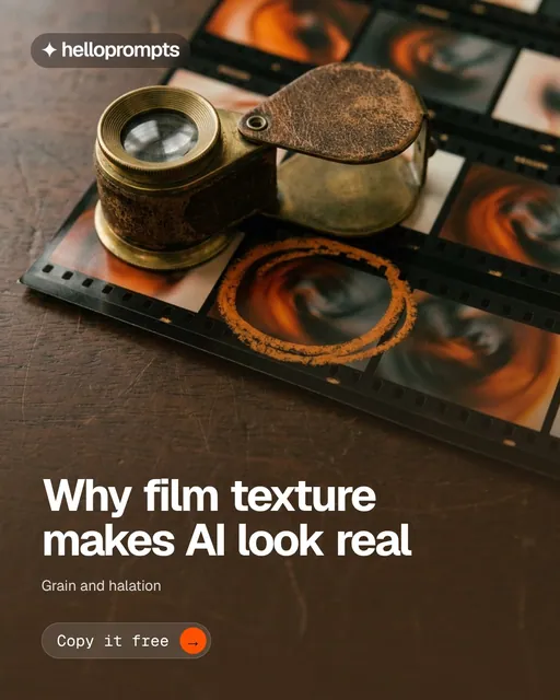 Video for HelloPrompts: "Why film texture makes AI look real". Doc motion loop, 8.0 s, dark palette.