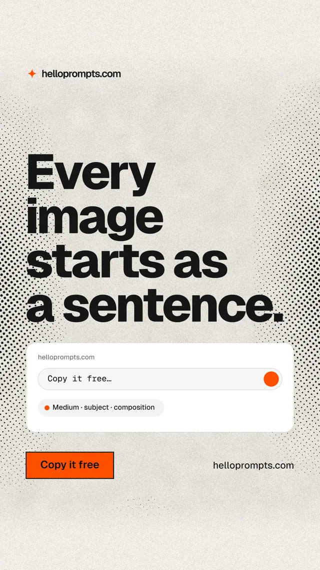 Instagram story for HelloPrompts: "Every image starts as a sentence." Ink sticker style, poster layout, light palette in white, yellow, grey.